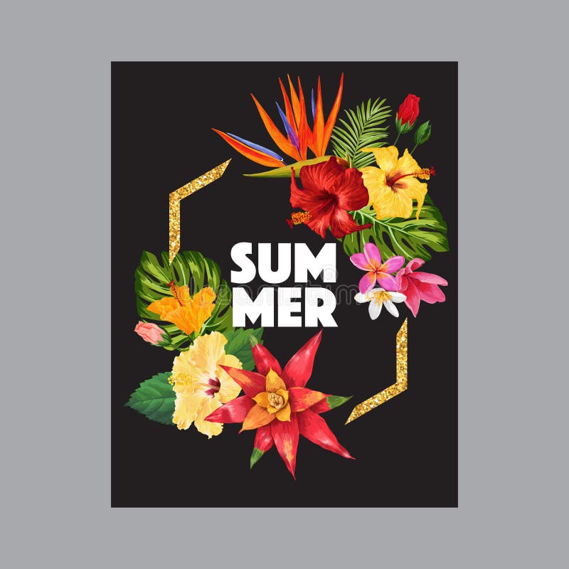 Hello Summer Tropic Design with Golden Frame. Tropical Hibiskus Flowers Background for Poster, Sale Banner, Placard, Flyer. Floral Vintage Composition. Vector illustration. Hello Summer Tropic Design with Golden Frame. Tropical Hibiskus Flowers Background for Poster, Sale Banner, Placard, Flyer. Floral Vintage Composition. Vector illustration